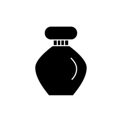 Black & white vector illustration of perfume bottle. Flat icon of glass container for aroma fragrance or other beauty product. Isolated object