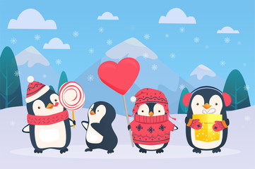 christmas penguins on snowy background