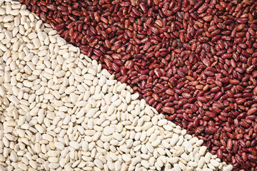 Pattern with red beans on grey background. Horizontal. Top view.