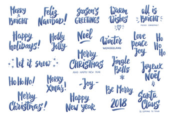 Set of holiday greeting quotes and wishes. Hand drawn text. Great for cards, gift tags and labels, photo overlays, party posters.