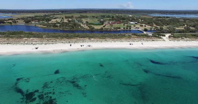 Vertical Dolley upwards from drone of beach and hinterland at Busselton Video 1