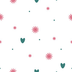 Seamless pattern of snowflakes, hearts, circles and dots. Background for wrapping paper. Vector
