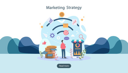 Fototapeta na wymiar digital marketing strategy concept with tiny people character. online ecommerce business in modern flat design template for web landing page, banner, presentation, social media. Vector illustration.