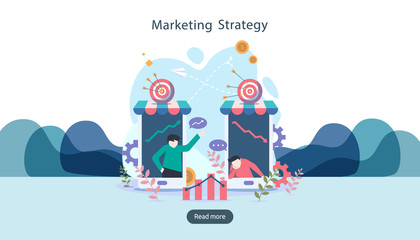 Fototapeta na wymiar digital marketing strategy concept with tiny people character. online ecommerce business in modern flat design template for web landing page, banner, presentation, social media. Vector illustration.