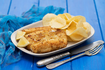 fried strips cuttlefish on white dish on blue background