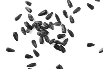 Sunflower seeds pile isolated on white background, top view