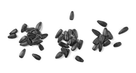 Sunflower seeds pile isolated on white background, top view