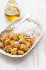squid stew with boiled rice on dish