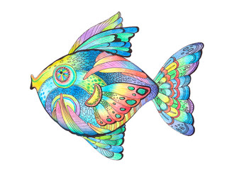 Bright illustration of a decorative rainbow fish on a white background. Children's illustration in cartoon style for textile, packaging design, printing.