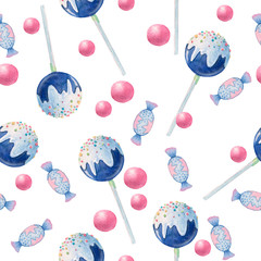 Watercolor pattern with blue lollipops in icing and topping, sweets on a white background. Illustration of food in cartoon style for textiles, packaging design, printing
