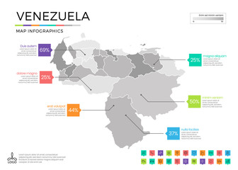 Venezuela map infographics with editable separated layers, zones, elements and district area in vector
