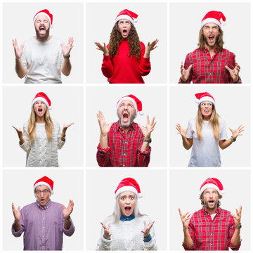 Collage of group of people wearing chrismast hat over isolated background crazy and mad shouting and yelling with aggressive expression and arms raised. Frustration concept.
