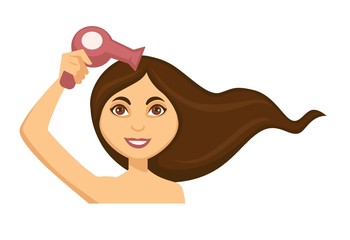 Young woman blow drying her long dark hair