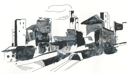 Cityscape, high-rise buildings, drawing with acrylic, abstract
