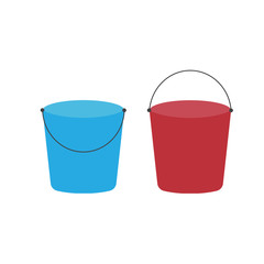 Cartoon buckets. Water pails, metal and plastic bucket. Isolated vector set. Collection of bucket container with water, pailful
