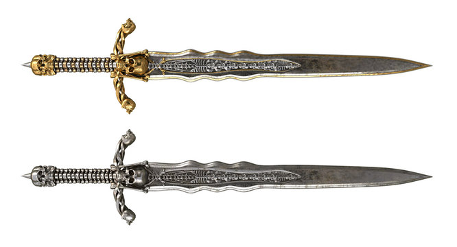 long sword with skull and bones on an isolated white background. 3d illustration