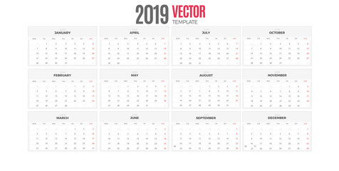 Desk Monthly Calendar 2019 year. Vector colorful template