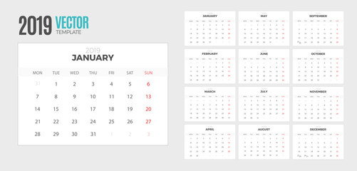 Desk Monthly Calendar 2019 year. Vector colorful template