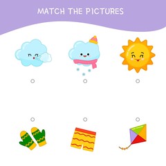 Matching children educational game. Match parts of weather and objects.. Activity for pre shool years kids and toddlers.