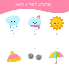 Matching children educational game. Match parts of weather and objects.. Activity for pre shool years kids and toddlers.