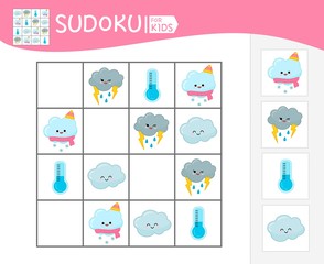 Sudoku game for children with pictures. Kids activity sheet. Cute weather set. 