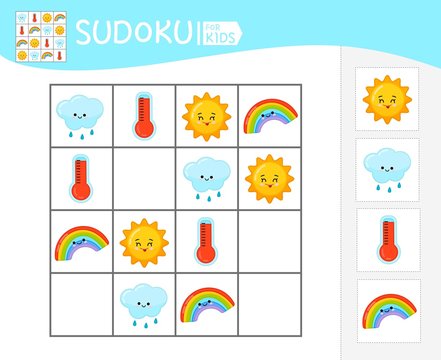 Sudoku game for children with pictures. Kids activity sheet. Cute weather set. 