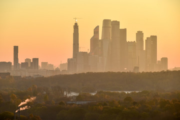 Skyline view of the Moscow International Business Center at dawn.