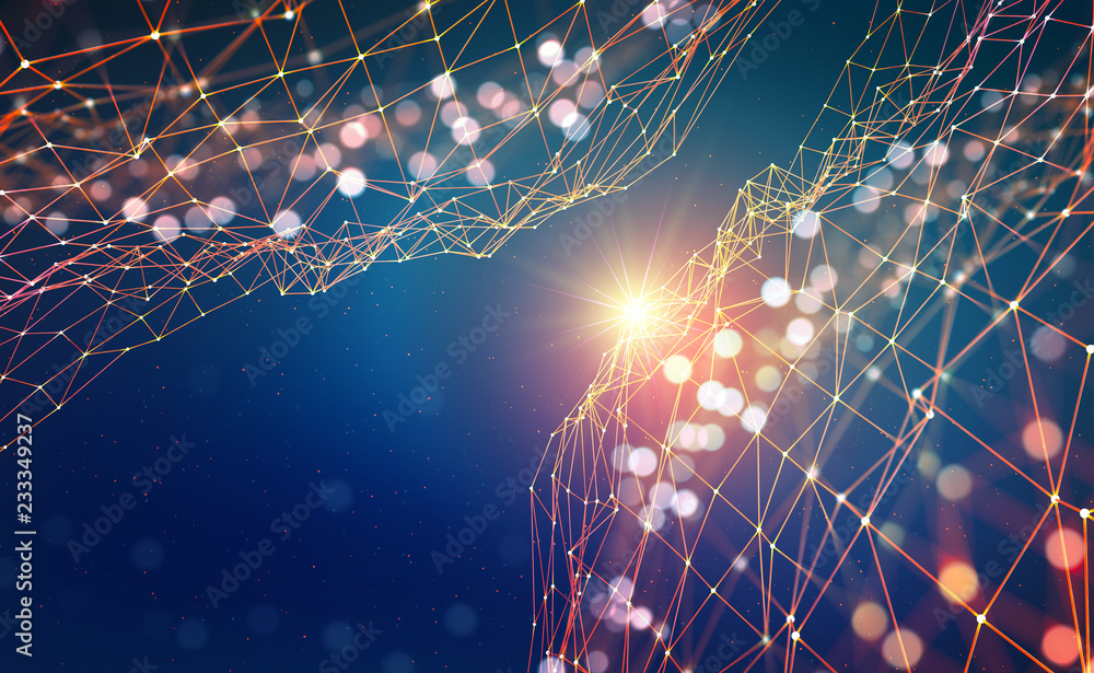 Poster Abstract tech background. Shining star. Glowing polygon network with bokeh effect. 3D illustration on digital technology