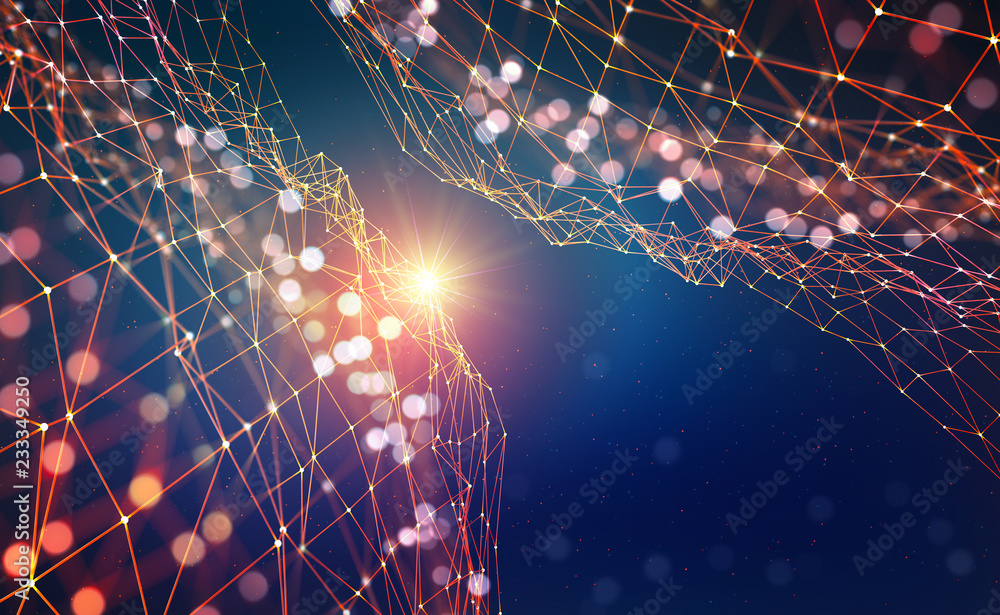 Poster Abstract tech background. Shining star. Glowing polygon network with bokeh effect. 3D illustration on digital technology