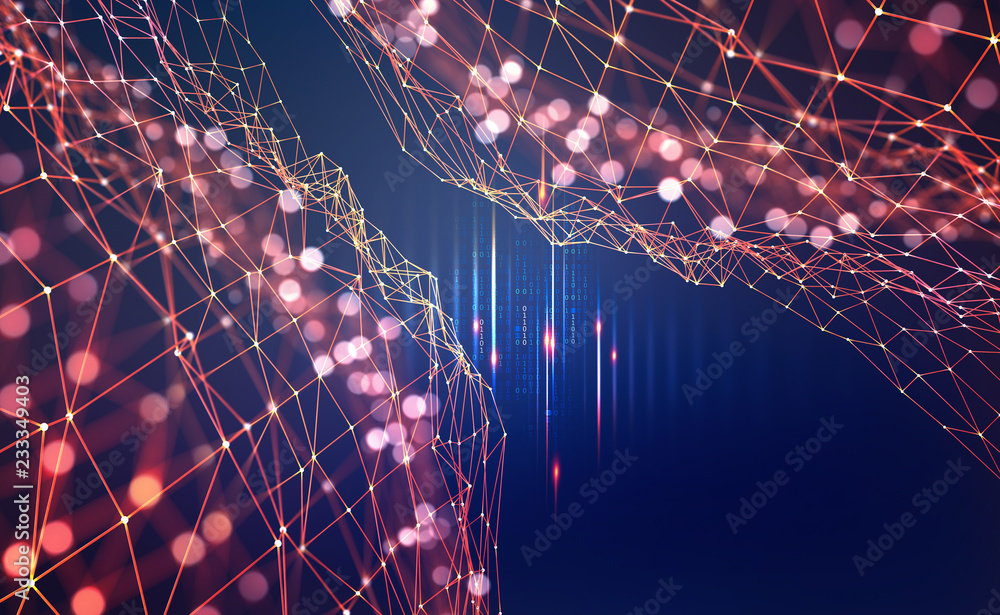 Poster Global network. Polygonal mesh with bokeh effect. Concept of cyberspace of the future. 3D illustration on colorful background