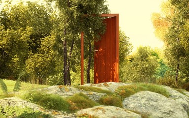 Porta fatata nel mezzo della foresta, magia, illustrazione 3d © LaCozza