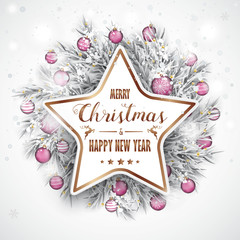 Merry Christmas Frozen Twigs Snowfall Pink Baubles Copper Star