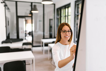 Beautiful young woman writing on flipchart.
