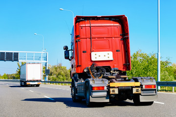 Truck cabin without trailer box on road in Poland