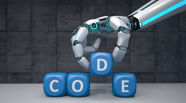 Roboter Arm mit blauen W&uuml;rfeln und dem Wort CODE