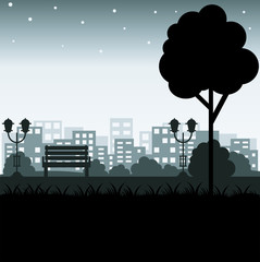 Evening view of the city and Park in the style of paper cut. Silhouettes of city buildings vector illustration.