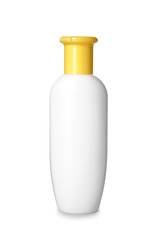 Plastic bottle of baby cosmetic on white background