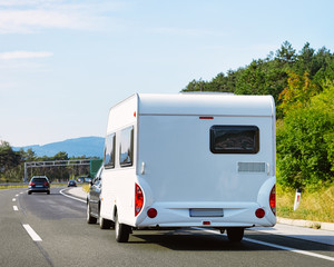 Camper rv in highway road in Slovenia