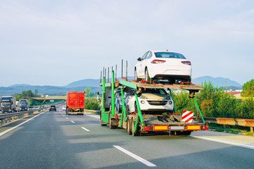 Fototapeta na wymiar Car carrier truck in asphalt highway in Poland