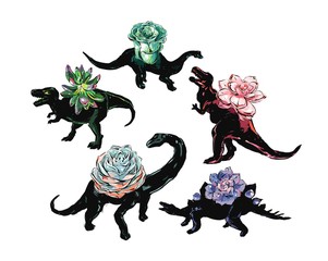 Obraz premium Hand drawn vector abstract ink brush grunge drawing textured scandinavian crafted decoration illustrations collection set of dino pots and succulent cacti flowers isolated on white background