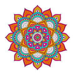 Vector hand drawn doodle mandala with hearts. Ethnic mandala with colorful ornament. Bright colors. Isolated. Illustration on doodle style.