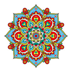 Wektor ręcznie rysowane doodle mandali. Etniczna mandala z kolorowym ornamentem plemiennym. Odosobniony. Żywe kolory. - 233351686