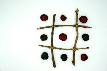 Tic tac toe. Naughts and crosses. Game with chestnuts. Nature game. Top view. Flat lay.  Copy space. Isolated on white. 
