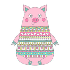 Hand dawn doodle pig with ornament. Cartoon piglet in sweater with winter ornament. Isolated vector illustration.