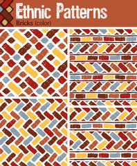 Bricks (color). 4 seamless patterns for Illustrator in tribal style, made from hand-drawn drawings. 