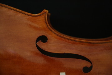 Violin detail with f detail isolated on black.