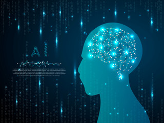 Ai brain low poly robot image. Vector polygonal wireframe closeup mobile phone with gradient blue screen with man hand and fingers. Illustration dark blue Binary code matrix background