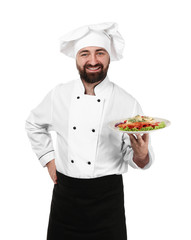 Male chef with tasty dish  on white background