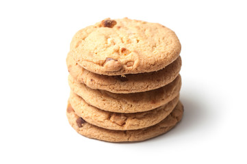 closeup of white chocolate cookies pile on white background