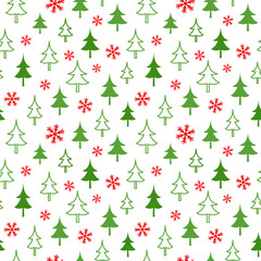 Christmas seamless pattern with green fir and snowflakes. Xmas endless texture for wallpaper, web page background, wrapping paper and etc.